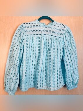 J. Crew Teal Blue Eyelet Ruffle-Neck Blouse